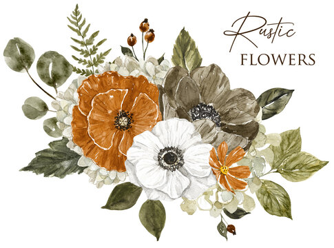 Autumn floral bouquet watercolor illustration. Hand-painted white, orange and brown flowers, foliage, and branches. Rustic style fall arrangement.