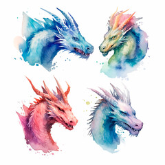 dragon head set watercolor on a white background created with Generative Ai