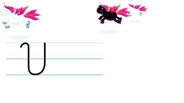 U letter writing like unicorn cartoon animation. A compatibile part of the alphabet serie. Handwriting educational style for children. Good for education movies, presentation, learning alphabet, etc..