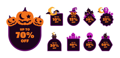 Halloween discount labels. Discount label for Halloween sale promotion decorated with pumpkins, skulls, tombstones, coffins, vampires and haunted houses. Vector with transparent background.