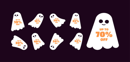 Halloween discount labels. Discount label for Halloween sale promotion decorated with pumpkins, skulls, tombstones, coffins, vampires and haunted houses. Vector with transparent background.
