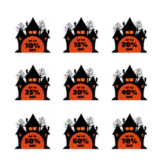 Halloween discount labels. Discount label for Halloween sale promotion decorated with pumpkins, skulls, tombstones, coffins, vampires and haunted houses. Vector with transparent background.
