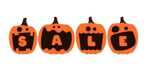 Halloween sale elements. Halloween sale promotion elements with pumpkin, skull, tombstone, coffin, vampire and haunted house decorations. Vector with transparent background.