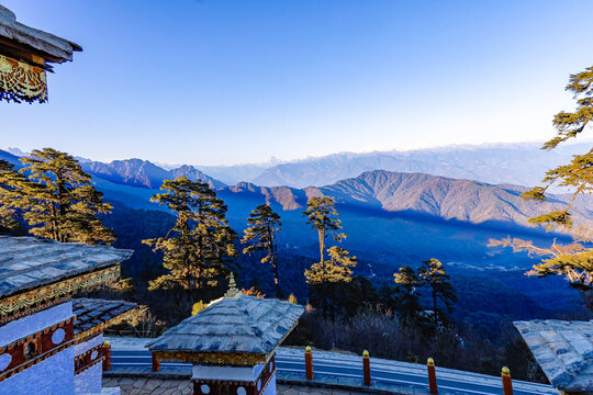 The Himalayan mountain range with snow capped mountains that can be seen from Dochula Pass, Bhutan