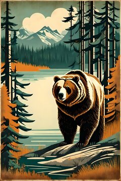 A vintage poster illustration of grizzly bear in the forest of Canada. Trees, Grass, Nature, lake. The poster is old and worn with a distressed. texture. (AI-generated fictional illustration)
