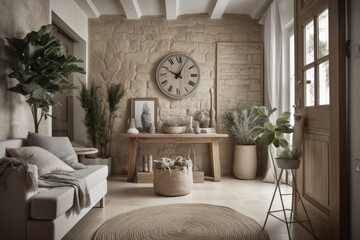 A bedroom's interior design featuring a faux picture frame, a wooden console, plants, a clock, a coffee table, rattan furniture, and attractive accessories. Generative AI