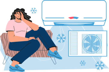 Maintenance and repair of air conditioners banner layout with woman enjoys cool fresh air in front of conditioner unit.