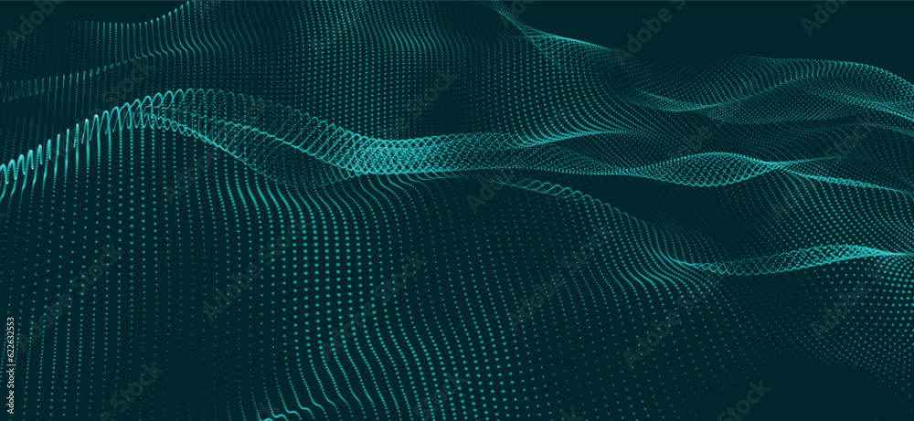 Poster wave of particles. futuristic dots pattern on dark background. big data digital code. technology or 