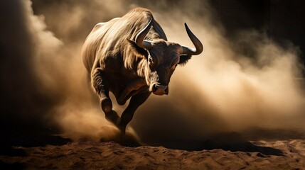 charging bull dust backlit photographic super - obrazy, fototapety, plakaty