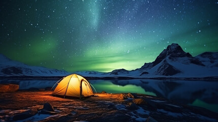 Tourist tent at night with beautiful aurora borealis and mountains in the background.Concept of adventure travel,mountain climbing. 
Nature tourism concept with tent.  - obrazy, fototapety, plakaty