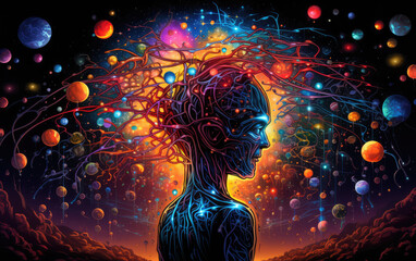 Surrealistic digital artwork that explores the intricate connection between the human brain and the cosmos AI Generative