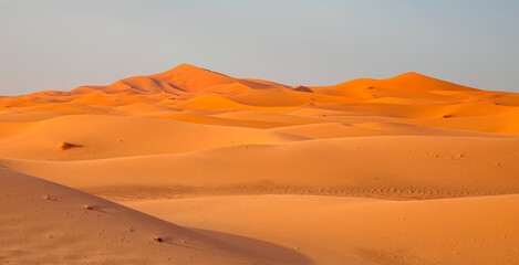 Fototapeta na wymiar Sand dunes in the Sahara Desert, Merzouga, Morocco - Beautiful sand dunes in the Sahara desert with amazing sunrise - Sahara, Morocco