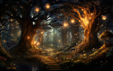 Fototapeta premium Digital painting that depicts a forest with atomic elements AI Generative