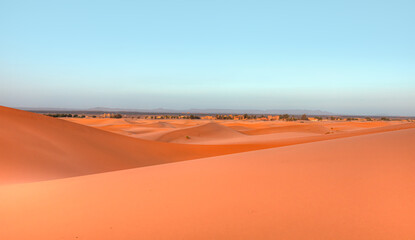 Fototapeta na wymiar Sand dunes in the Sahara Desert, Merzouga, Morocco - Beautiful sand dunes in the Sahara desert with amazing sunrise - Sahara, Morocco