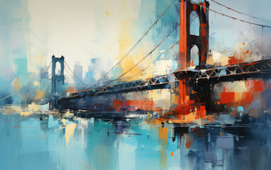 Abstract composition with brooklyn bridge and city skyline, in the style of oil paintings, light cyan and orange, light cyan and red, precise, detailed architecture paintings, die brücke - obrazy, fototapety, plakaty