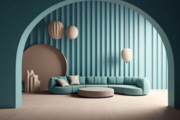 Conceptual 3d render of a living room, lounge, minimalist style, concept with calm colors and round architecture