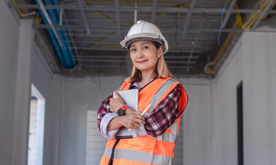 Civil engineer woman standing at the construction site wearing safety vest and hard hat,holding tablet and pencil,inspection  at modern home building construction,engineer civil concepts.
