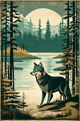 A vintage poster illustration of wolf in the forest of Canada. Trees, Grass, Nature, lake. The poster is old and worn with a distressed texture. (AI-generated fictional illustration)
