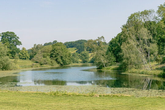 Staunton Harold, United Kingdom, June 11, 2023:The fishpond at Staunton Harold Hall, Leicestershire.