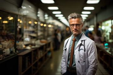 Fototapeta na wymiar Portrait of a doctor in a hospital corridor. Generative Ai image.