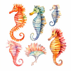 Fototapeta premium sea ​​Horse set watercolor on a white background created with Generative Ai