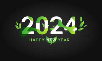 2024 A Happy New Year congrats concept. Stained glass logotype. Beautiful natural green leaf. Abstract isolated graphic design template. Decorative numbers. 2024 digits