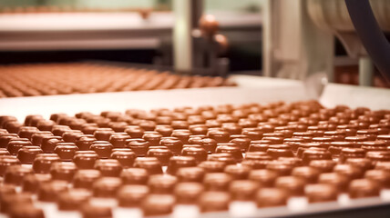 Fototapeta premium Chocolate candy on the conveyor of a confectionery factory. Chocolate sweets on the conveyor belt. 