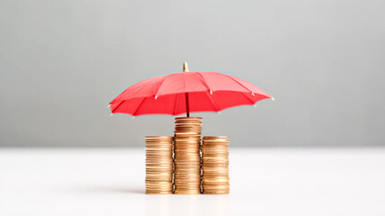 Stacked coins is protected by red umbrella on table. Assets wealth, money saving or money investment protection.