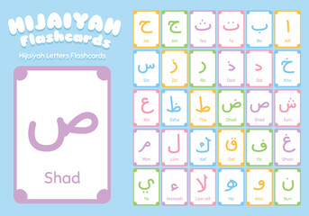 Cute Arabic or Hijaiyah letters colorful flashcard vector set. Printable Hijaiyah letters flashcard for kids.