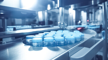 Production jar industry factory bottle medical liquid pharmacy cosmetic medicine. Modern technological solutions in the pharmaceutical industry.