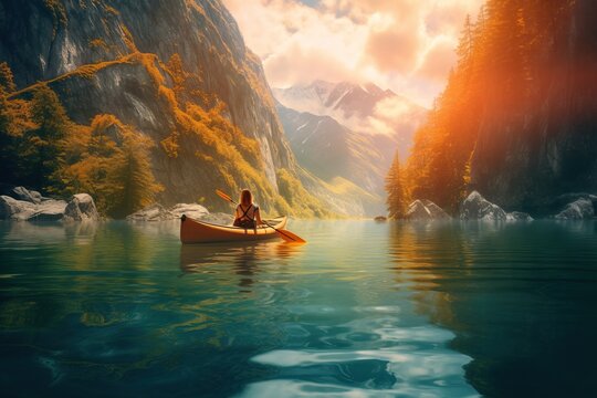 A girl paddles in a kayak on blue sunny lake