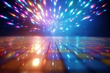 mirrored disco ball on dance floor with colored lights. - obrazy, fototapety, plakaty