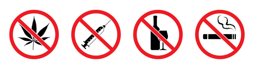 No to drugs and alcohol. No Smoke Cigarette, Drink Alcohol, Take Drug and Addiction Forbidden icon set in red circle.