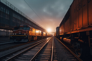 Fototapeta premium Freight train, transportation of railway cars by cargo containers shipping. Railway logistics concept