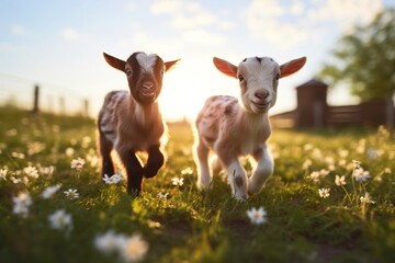Joyful Kids Free-Roaming Baby Goats on Farm Meadow. Generative AI