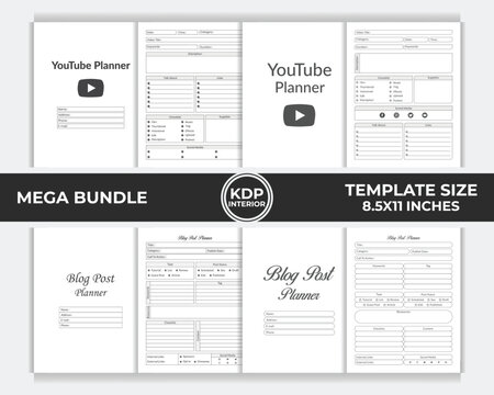 KDP Interior Bundle YouTube Planner, Blog Post Planner Unique Template Design