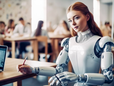 Futuristischer  weiblicher Roboter, der in der Schule arbeitet und als Vertretungslehrer im Klassenzimmer unterrichtet, Generative AI, ai generated