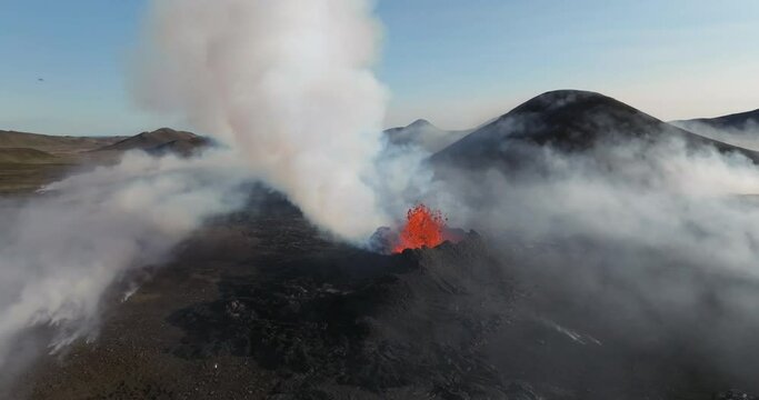 Smoke and gas surrounding an erupting crater in Iceland 2023