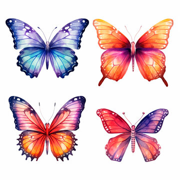 butterfly set watercolor on a white background created with Generative Ai