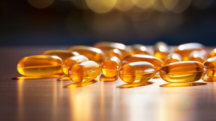 Omega 3 yellow capsules closed up on the table