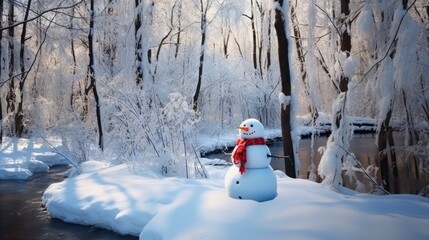 Fototapeta premium Funny snowman in the snowed forest. Generative AI