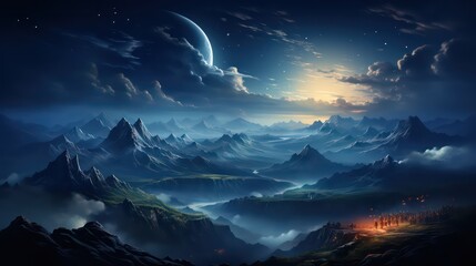 Fototapeta na wymiar Moonlit Majesty Mountains Bathed in Soft Glow under a Clear Night Sky