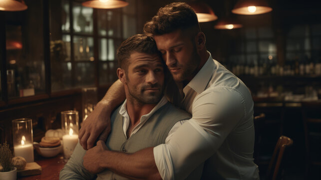 Handsome, muscular gay LGBTQ+ men in a cozy, candlelit restaurant. The dim light sets the perfect mood, casting a soft glow on their chiseled features and strong arms as they hold each other close
