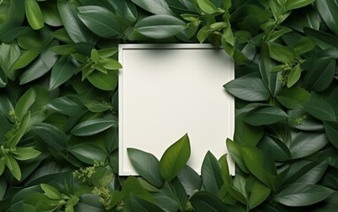 creative layout, green leaves with white square frame, flat lay, for advertising card or invitation