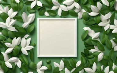 creative layout, green leaves with white square frame, flat lay, for advertising card or invitation
