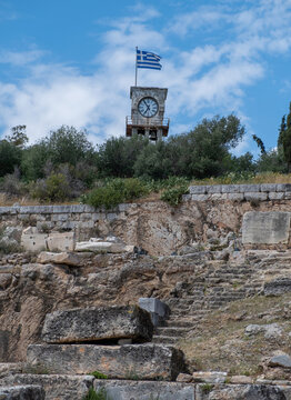 Elefsina Clock Tower at highest point over Archaeological Site, monument Attica Greece. Vertical