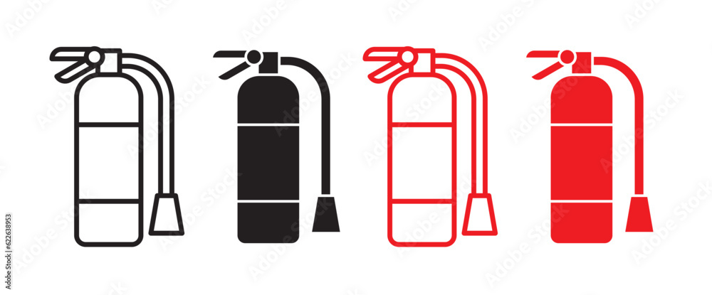 Poster emergency fire extinguisher vector icon set in filled and outline in black and red color. linear fire extinguish sign. safety extinguisher silhouette.