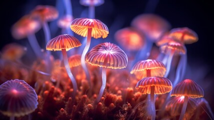 Fototapeta premium Bright light glowing mushrooms. Generative AI 5