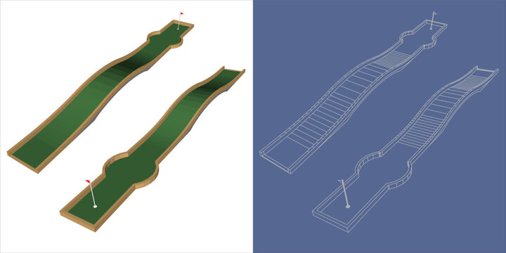 Vector mini golf course 3d illustration wireframe blue print