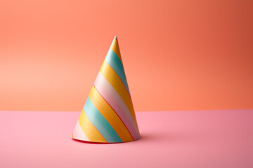 Fototapeta premium Striped paper party hat on pink and orange background